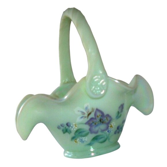 Uranium Glass Fenton Green Opalescent Hand Painted Floral Basket Vintage Signed
